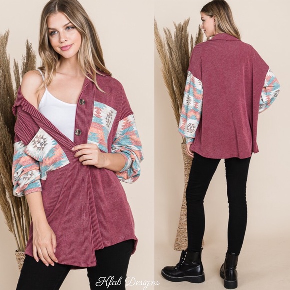 ❤️LAST! Wine Aztec Contrast Plush Oversized Button Up Jacket! - Picture 3 of 11
